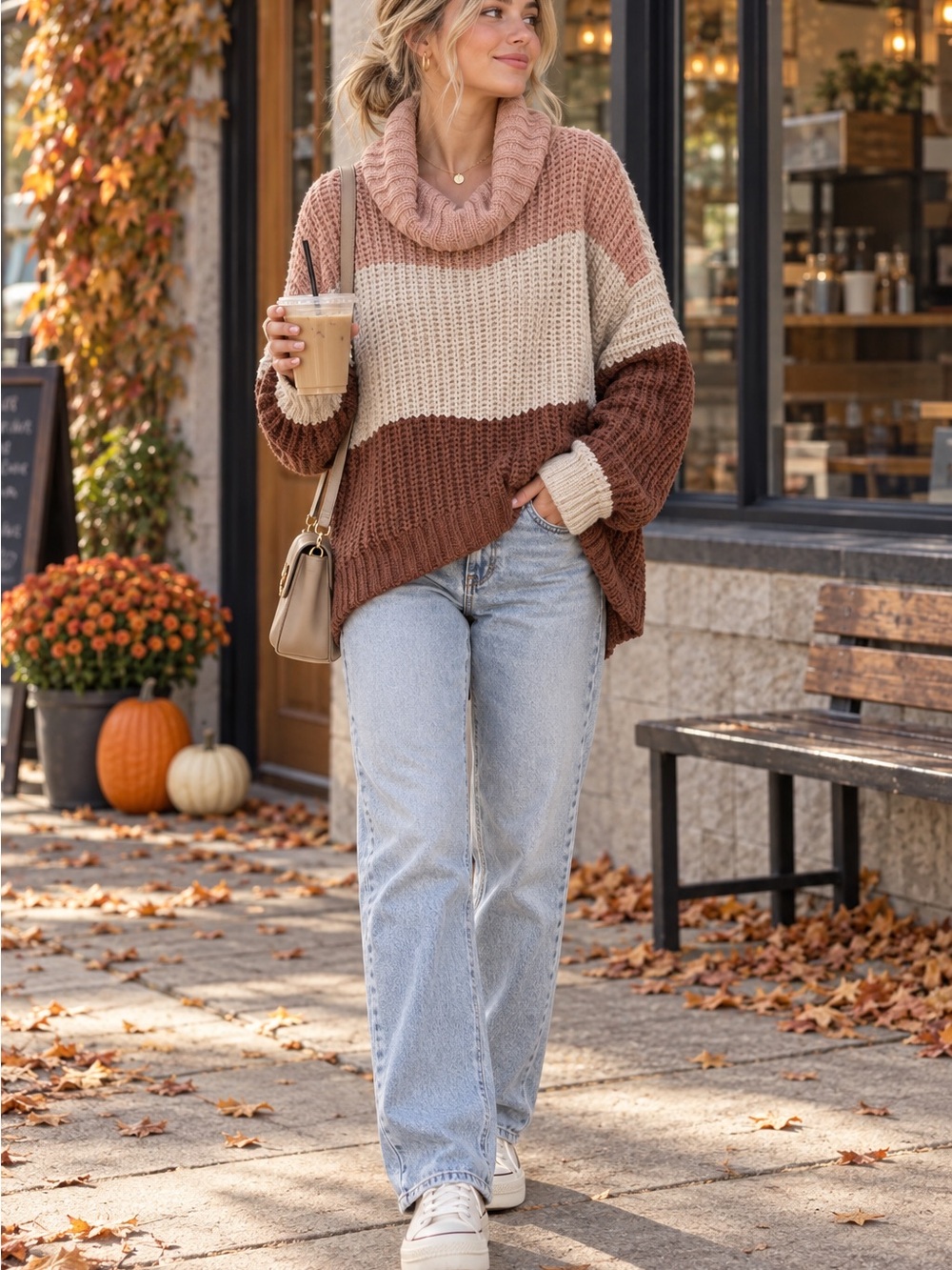 POL Oversized Colorblock Chenille Cowl Neck Boho Sweater small